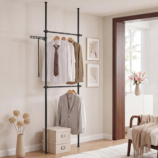 Giantex Floor to Ceiling Clothes Rack, 2 Rods Heavy Duty Garment Rack | Tension Pole Closet System w/ Folding Drying Rack, Reacher Pole, Metal Garment Organizer for Bedroom, Laundry Room, Closet