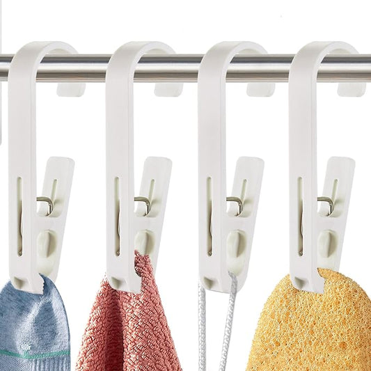 Laundry Hooks with Clips Hanger Closet Organizer Clamps Socks Boot Bras Towels for Bathroom Wardrobe Kitchen Office 4Pcs (White)