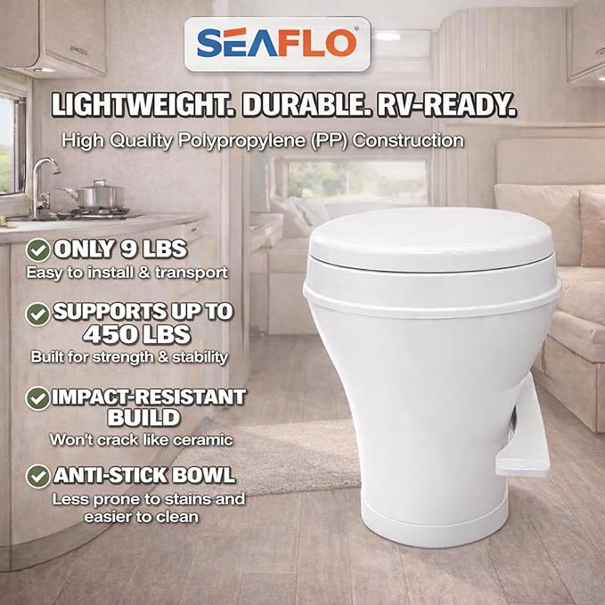 SEAFLO RV Toilet, Residential Height 18.4", Gravity Flush Foot Pedal, Soft Close Seat, Camper Toilet for RV Motorhome Travel Trailer, White, SFRTPH-01-01, 4-Year Warranty