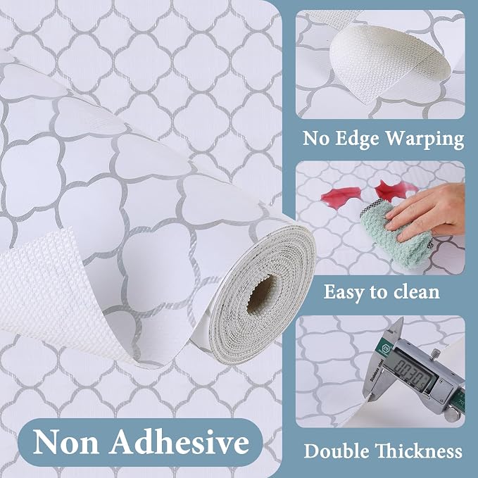 Shelf Drawer Liners for Kitchen Cabinets 23.6 in X 30 Ft Drawer Liner | Non Adhesive Thickened Refrigerator Liner Silver Quatrefoil Strong Non-Slip Paper for Tool Box with Knife and Tape Measure