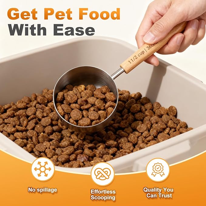 2PCS 1-1/2Cup(360ml | 12oz) Dog Cat Food Scoop, 18/8(304) Stainless Steel Measuring Cup with Wooden Handle, Etched Measurements Inside, BPA Free Portion Control for Pets & Kitchen Use