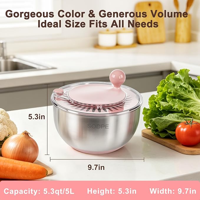 Stainless Steel Salad Spinner Large with 5 Blades Slicer, Lettuce Washer Spinner and Dryer, Vegetable Fruits Chopper Bowl, Egg Yolk Strainer, 5.3Qt Pink