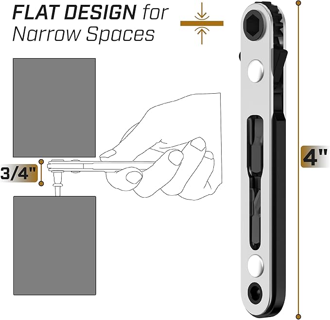 Bates- Mini Ratchet Wrench, 1/4" Magnetic 90 Degree Screwdriver, Black, Low Profile Right Angle Screwdriver for Tight Spaces