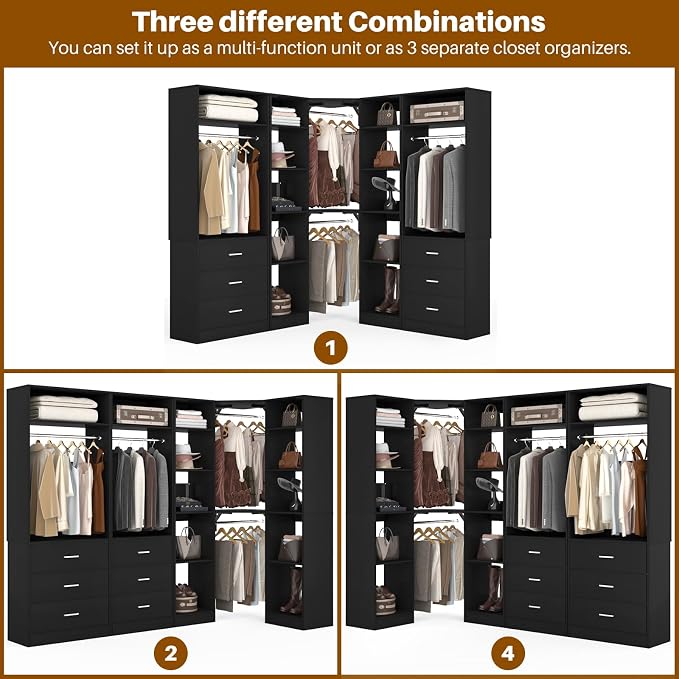 Besiost Corner Closet System with 6 Drawers, Closet Organizer System with 14 Shelves & 4 Hanging Rods, 87.2"L * 39.2"W / 63.2"L * 63.2"W Reversible L Shaped Walk-in Closets, Load 2500+LBS, Black