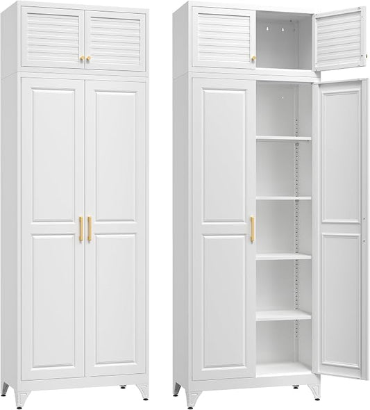 SteeLoong 90”Metal Pantry Storage Cabinet with Doors & 4 Adjustable Shelves | Kitchen Pantry Cabinet,White Kitchen Cabinet with 4 Gold Handles,Tall Cabinet for Livingroom,Pantry, Bathroom,Kitchen,Garage