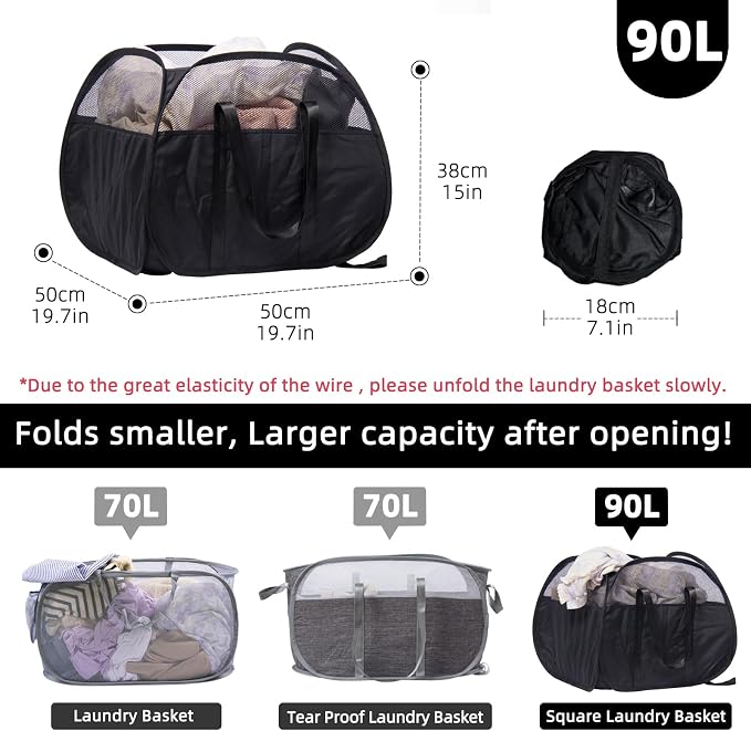 Collapsible Laundry Basket, 90L Tear Proof Mesh Pop-up Hamper | Foldable Storage Clothes Bag with Reinforced Handles for Bathroom, Kids Room, Dorm, Travel, Camping, Space-saving, Black