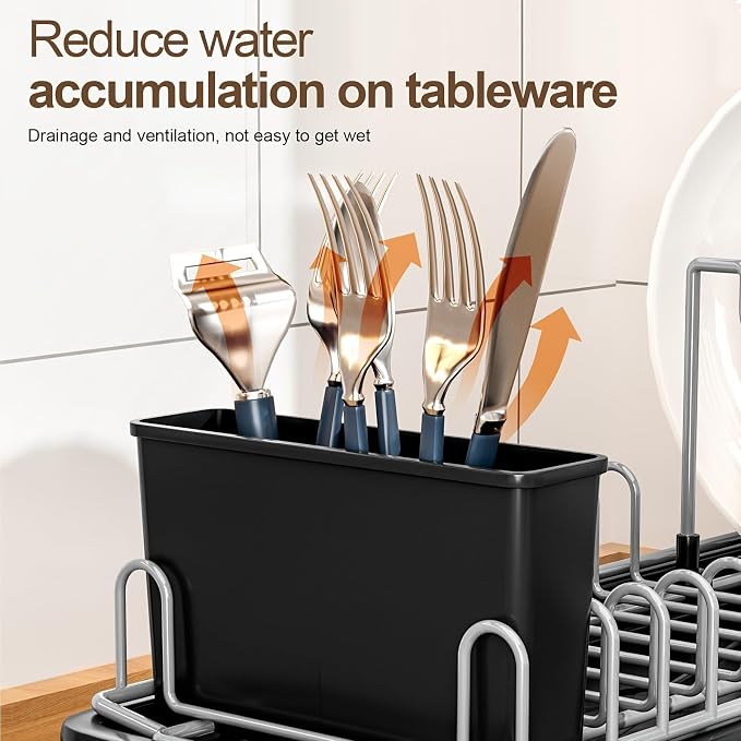 Compact Dish Drying Rack for Countertop, Small-Sized for Dorms, RVs & Tiny Kitchens, Auto-Drain, Adjustable Slots, Rust-Resistant with Utensil Caddy & Sponge Holder (White)