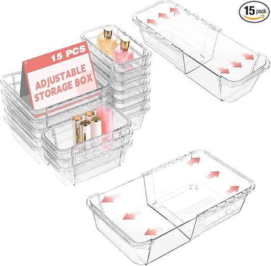 15 Pcs Extendable Clear Drawer Organizer, All Adjustable Vanity Storage Box, 2-Size Desk Drawer Organizer, Acrylic Storage Bins for Makeup, Cosmetic, Bedroom Dressers Tool Organizer for Gadgets