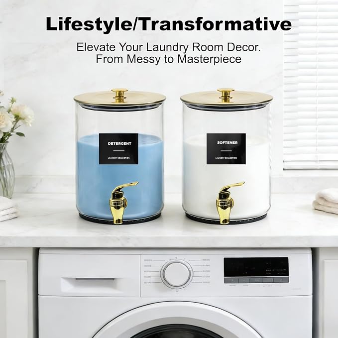 Glass Laundry Detergent Dispenser for Laundry Room Organization(2, Gold) | 1 Gallon Large Liquid Soap Dispenser with Black Metal Lid & Leak-Proof Spigot, 2 Measured Cups, 2 Silicone Mats & 9 Labels