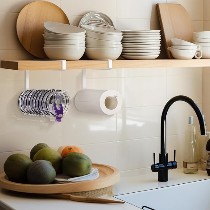 Tumbler Lid Organizer, Versatile Tumbler Lid Storage Holds 10 Lids, White | Space Saving Cup Lid Organizers Inside Cabinet Tumbler Lid Hook for Kitchen Organizer and Storage, Paper Towel Rack Hanger