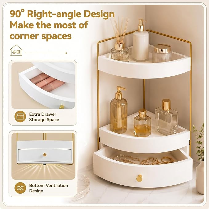 AceOrbit 2-Tier Corner Bathroom Counter Organizer with Drawer, Wood Vanity Countertop Shelf for Skincare, Makeup, Perfume and Toiletry Storage, Space-Saving Bathroom Sink Organizer, White and Gold