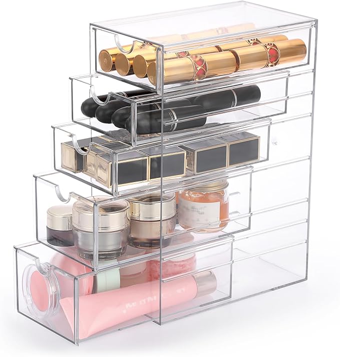 Hipiwe 5-Drawers Plastic Storage Organizer, Clear Hair Accessories Organizer with Large Capacity for Bathroom, Dresser, Cosmetic Hair Tie Container for Girls Women | Large Capacity Drawers Box for Bathroom, Dresser, Cosmetic Hair Tie Container for Women