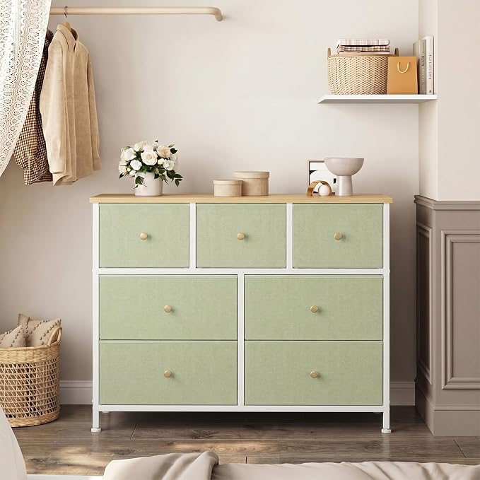 OLIXIS 7 Drawer Closet Organizer, Storage Tower with Sturdy Steel Frame | Dresser for Bedroom, Wooden Top & Easy Pull Fabric Bins, Clothes Organization, Living Room Entryway, Light Green