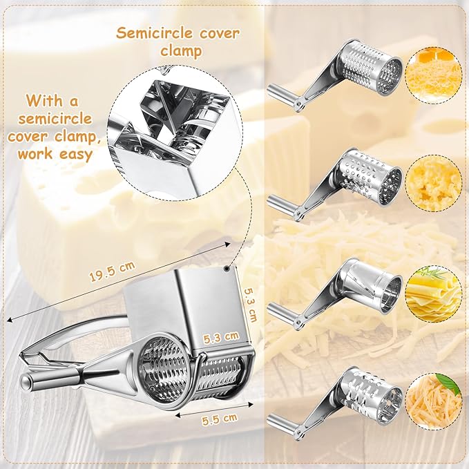 Honoson Rotary Cheese Grater Stainless Steel Handheld Rotary Parmesan Grater Cheese Cutter Slicer with 4 Stainless Drum for Grating Hard Chocolate Nuts Kitchen Tool