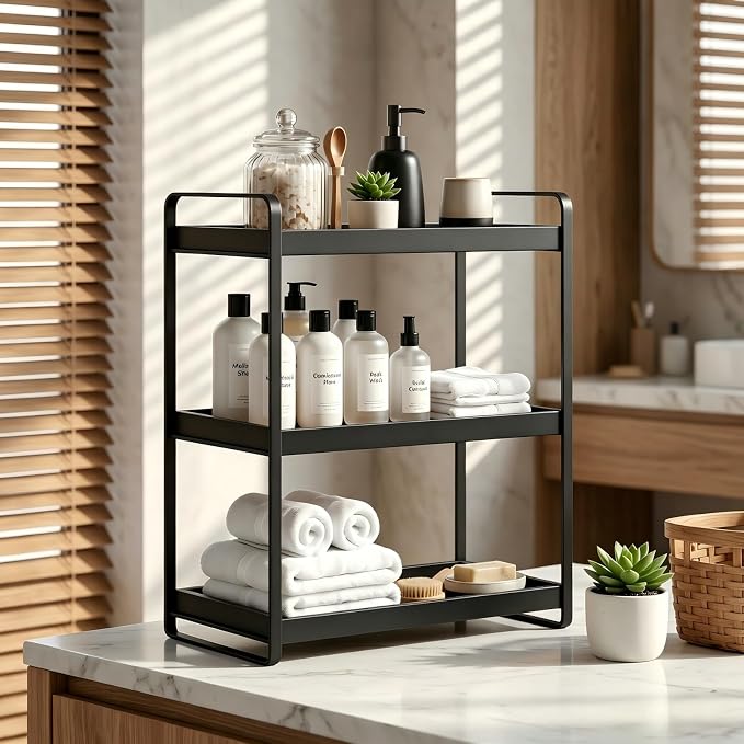 LEMIKKLE Bathroom Counter Organizer with Basket, Bathroom Organizers and Storage,Skincare Organizers for Vanity,Storage Organizers for Bathroom, Kitchen, Dresser (3-Tier Black Wood Rack)
