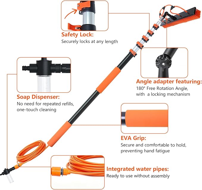 Solar Panel Cleaning Kit with 5-20ft Telescoping Pole, Water Fed Pole Window Cleaning System with Soap-Dispenser, Brush, 11″Squeegee & Cobweb Duster for Snow Removal, Windows, RVs, Decks