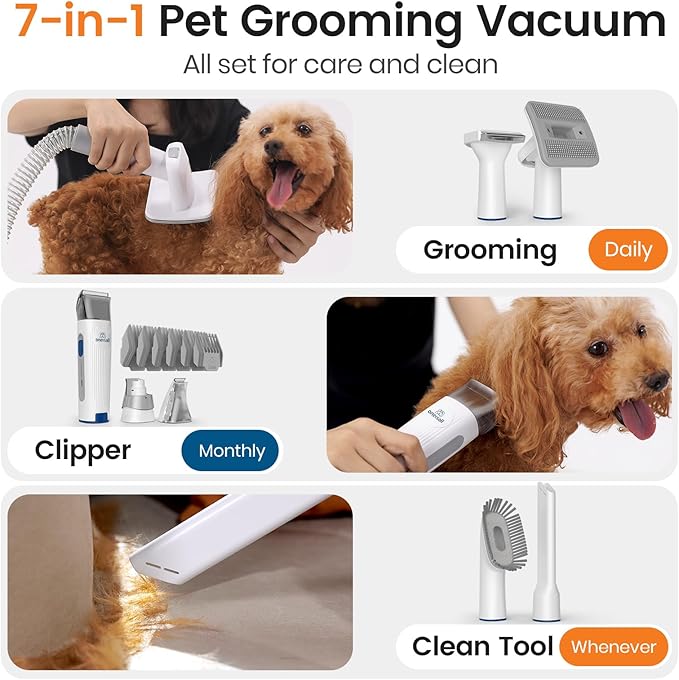 oneisall Dog Grooming Vacuum, Pet Grooming Vacuum with Clipper Nail Grinder, 1.5L Dust Cup Dog deshedding Brush with 7 Tools for Shedding Pet Hair, Home Cleaning(Blue)