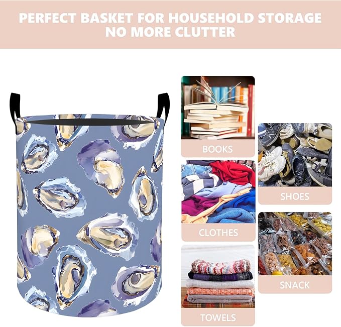 Oyster Shell Laundry Basket Hamper 19.7"x15.8", Organizer Bins Gifts for Kids Boys Girls, Coastal Sea Life Foldable Waterproof Oxford Clothes Storage Bucket for Bedroom Bathroom Decor