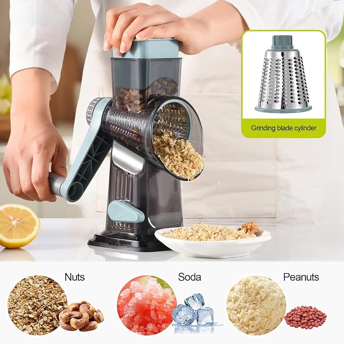Rotary Cheese Grater Shredder 3-in-1 Hand Crank Suction Base | Stainless steel blades for fine, medium & coarse grating | Perfect for cheese, vegetables & nuts | Finger-safe design