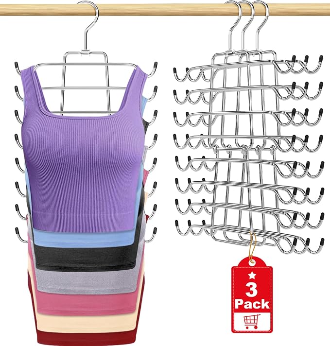 3Pcs Tank Top Hangers Space Saving Hanger Organizer Bra Hangers Silver | 360° Rotating Metal Closet Organizers and Storage Lingerie Hangers for Tank Tops Cami Bras Belts Swimsuits Lingeries