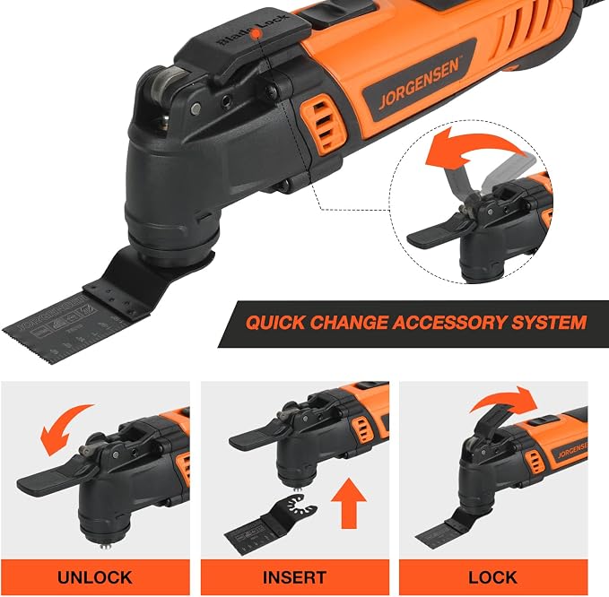 JORGENSEN Corded Oscillating Multi Tool, Variable Speed with 16 PCS Blades | Power Saw, Flush Cut, Universal Accessories, Quick Change, Wood Cutting, Sanding, Scraping, Polishing