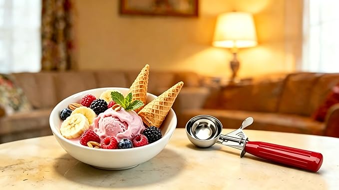 TOPKITCHEN Commercial-Grade Ice Cream Scoop 1.33 oz, 18/8 Stainless Steel Cookie Scoop with Plastic Handle, Portion Control Disher Scoop for Bakeries, Restaurants & Dessert Shops, #24, Red