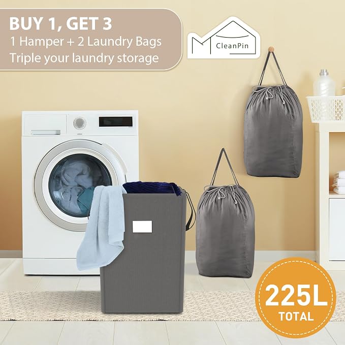 MCleanPin 210L Laundry Hamper Collapsible with 2 Washable Laundry Bags, Dirty Clothes Hamper,Laundry Basket with Handles Foldable Hamper Dorm Laundry Basket for College,Grey