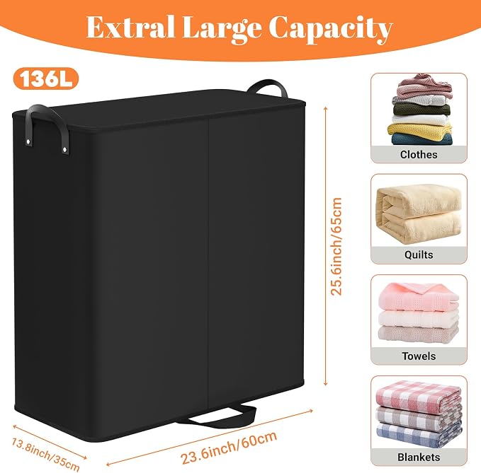 136L 2 Section Laundry Hamper with Lid, Laundry Basket, Black | Large Laundry Hampers with Reinforced Handles & Removable Bags, Tall Dirty Clothes Hamper for Laundry Room, Bedroom, Bathroom