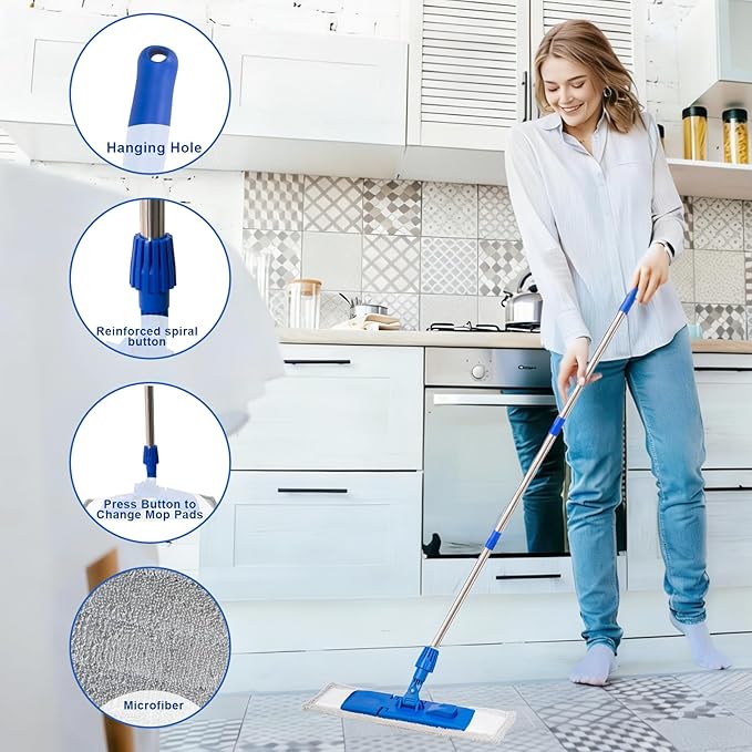 Multi Functional Mop, Including 1 Reusable Ultra-Fine Fiber Cleaning Pad and a Detachable Three Section Handle, 35.82"-51.18", Suitable for Cleaning Hardwood Floors, Marble and Tile Floors（Blue）