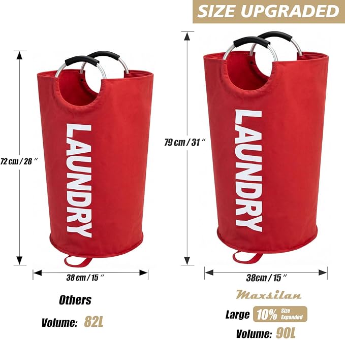 Maxsilan 90L Large Laundry Basket Bag, Collapsible Tall Hamper, Red | Freestanding tall laundry bag & foldable washing basket. Extra large clothes storage bin with durable sturdy handles