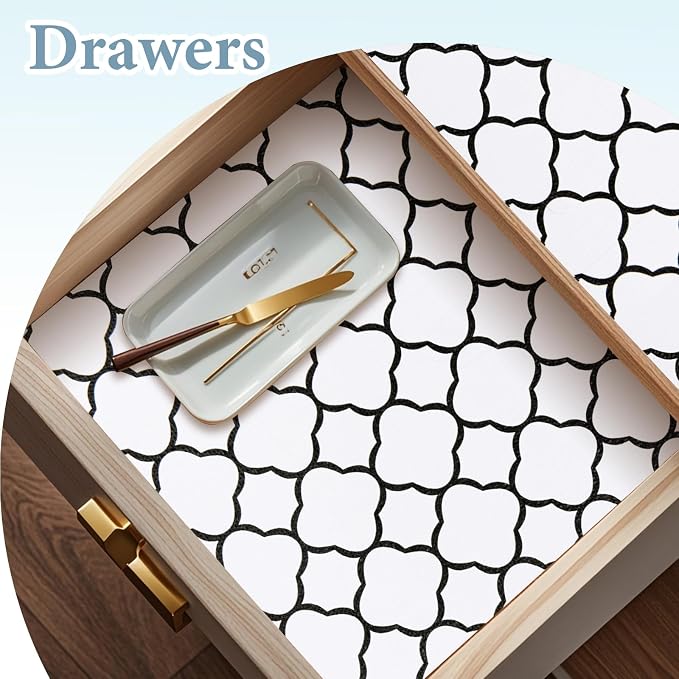 Shelf Drawer Liners for Kitchen Cabinets 12 in X 10 Ft Drawer Liner | Non Adhesive Thickened Refrigerator Liner Black Quatrefoil Strong Non-Slip Paper for Tool Box with Knife and Tape Measure