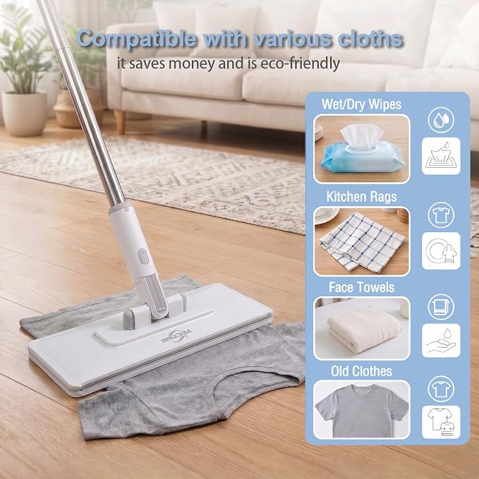 Pawnexa Mop,Clamp Mop,Hands Free Multi Purpose Flat Mops with Squeegee,Shark Tooth Grip for Any Cloth,Dry and Wet Use,Cleaning Mops for Whole House(40”Handle,6 Cloths)