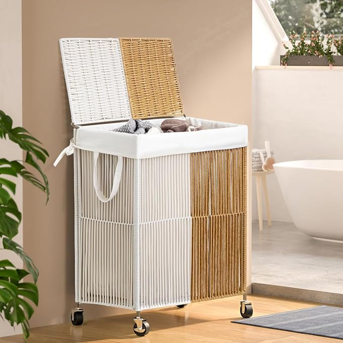 WOWLIVE Rolling Laundry Basket Wheels, Handwoven Laundry Hamper with Lid | Double Clothes Hamper with Divided Removable Bag, 115L Large Laundry Sorter 2 Section, Laundry Room Organization