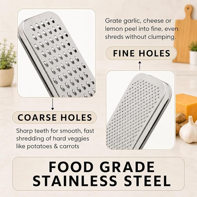 Cheese Grater with Storage Container, Box Grater Stainless Steel for Vegetables, Cheese Shredder 2 Sharp Blades for Fine & Coarse, Non-Slip Base, Lemon Zester, Includes Cleaning Brush (Black)