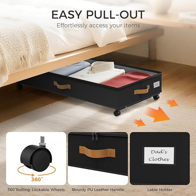75L 2 Pack Adjustable Under Bed Storage with Wheels | Underbed containers with clear lids, rolling under bed shoe storage organizer for dorm home clothes, blankets, shoes, black