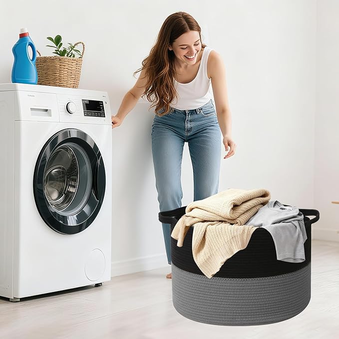 65L Large Woven Cotton Rope Blanket Basket with Handles, Laundry Hamper Storage Bin for Pillows, Comforters,Clothes, Toys, Nursery, Bedroom and Living Room Organization,Black&Dark Grey