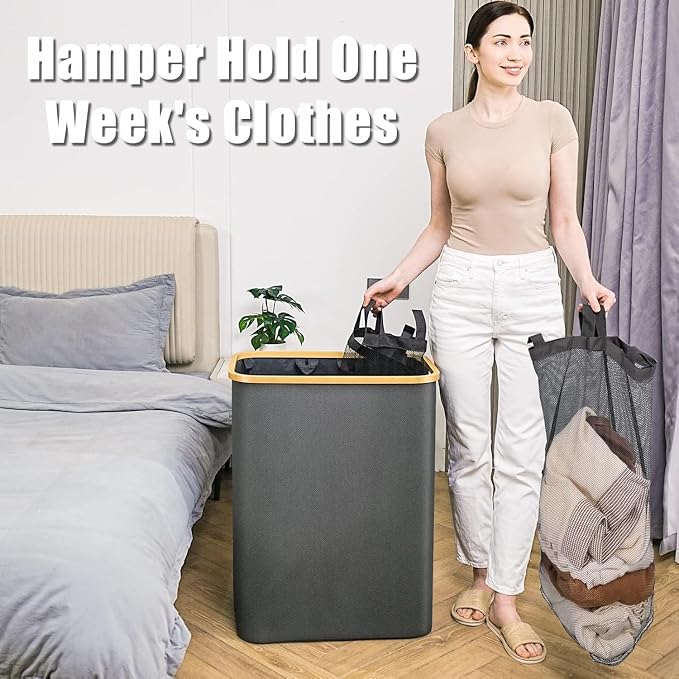 Hampers for Laundry Basket with Lid, 145L Large Laundry Hamper 3 Section | Dirty Clothes Hamper Separator with 3 Removable Bags & 5 Labels, Divided Laundry Organizer for Bedroom, Laundry Room, Gray