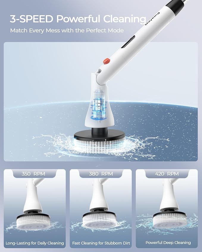 MayKing Electric Spin Scrubber with 9 Brush Heads, IPX7, Model White | 3-Angle & 4-Length Adjustable Cordless Power Scrubber, 3-Speed & Battery LED Display, for Bathroom, Tub, Floor & Tiles