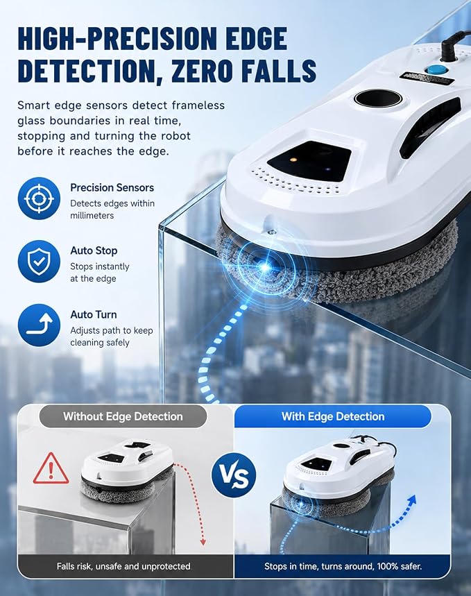 Window Cleaning Robot, Robot Window Cleaner with AI Intelligent Positioning & Edge Detection & Powerful Suction, Anti-Drop Safety for High-Rise Glass & Large Bay Windows