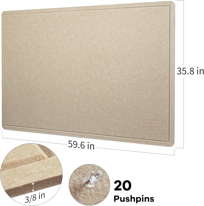 Felt Bulletin Board 60x36 inches, Decorative Pin Board for Home & Office | Cork Board Alternative for Wall with Push Pins, Display Mood Board for Photos, Notes & Reminders