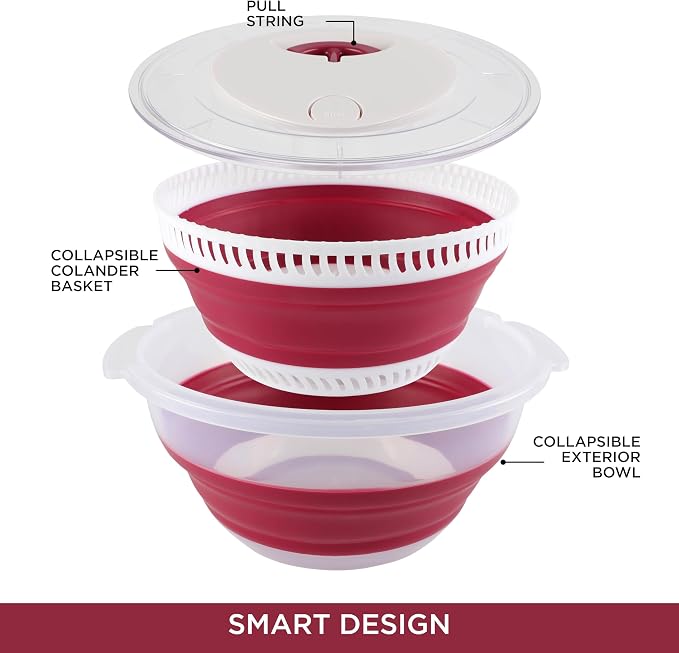 COOK WITH COLOR Collapsible Salad Spinner - 4 QT Space Saving Lettuce Dryer with Folding Collapsible Colander Great for Washing and Drying Fruit and Vegetables (Rose)