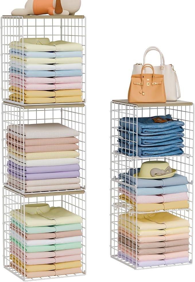 6 Tier Taller Closet Organizers and Storage, Stackable Closet Shelf Organizer with 2 Dividers for Clothes Towels Toys, Rv, Double Storage Design, Clothing Storage Basket for Wardrobe, White ﻿
