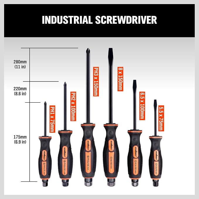 HORUSDY 6-Pieces Magnetic Screwdriver Set, 3 Phillips and 3 Flat Head Tips Screwdriver for Fastening, Chiselling and Loosening Seized Screws (New Screwdriver Set)