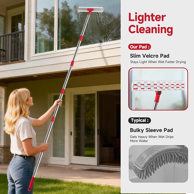 86.6" Window Squeegee for Home, Squeegee for Window Cleaning Kit with 6-Section Adjustable Long Handle, 16" & 12" Glass Scraper Squeegee for Shower Glass Doors & Windshield, Includes 4 Microfiber Pads