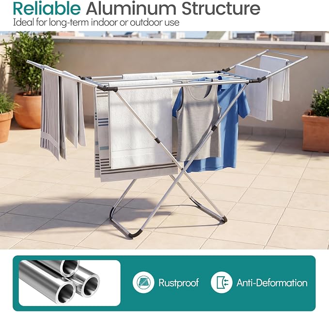 GOFLAME Clothes Drying Rack, Laundry Drying Rack with 2 Foldable Wings, 14 Drying Rods, Free-Standing Collapsible Laundry Airer for Clothes, Towels, Bed Linens, Indoor Outdoor Use, No Assembly Needed
