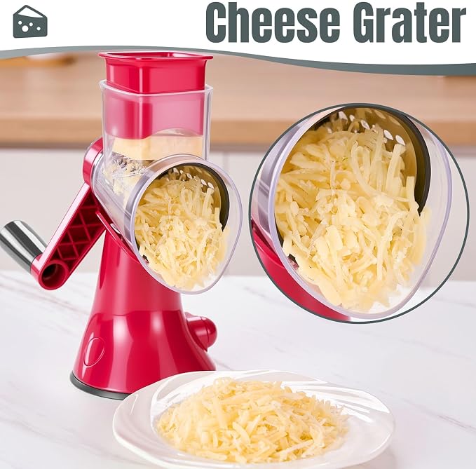 KYZ Rotary Cheese Grater - 12X Faster Hand Crank Vegetable Slicer with 3 Premium Stainless Steel Blades, Strong Suction Base, Dishwasher Safe Food Shredder for Cheese, Vegetables, Nuts, Chocolate