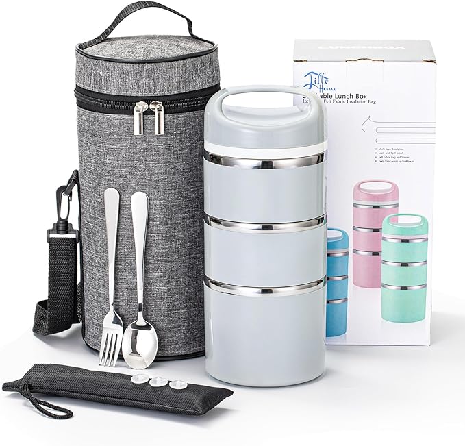 Lille Home Stackable Stainless Steel Thermal Compartment Lunch/Snack Box, 3-Tier Insulated Bento/Food Container with Lunch Bag, Utensils Set and Three Extra Seals, 43OZ (Gray with Utensils)