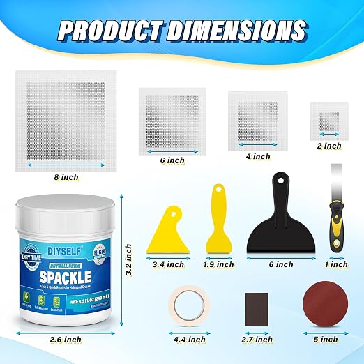 DIYSELF 16-Piece Drywall Repair Kit, Spackle Wall Repair with Mesh Patches | 2 Jars of Repair Putty, Self-Adhesive Mesh Patches, Drywall Patch Kit for Cracks, Wall Hole Repair Kit for Homes and Renters