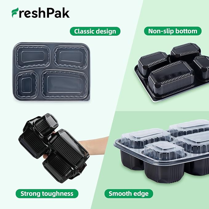40 Pack 34oz Meal Prep Containers - Shrink Wrapped Ready To Use | 4-Compartment Leak-Resistant | Shatterproof Flexible PP | BPA Free Microwave Safe, Leftover & Catering To-Go Boxes