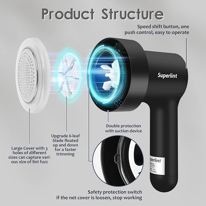 SuperLint 2-in-1 Rechargeable Fabric Shaver LED 3-Speed Lint Remover Black | Electrostatic Brush,2000mAh Battery,USB C Rechargeable,2-3H Long Runtime,auto-stop safety,6-Leaf Blade,2 replacement blades